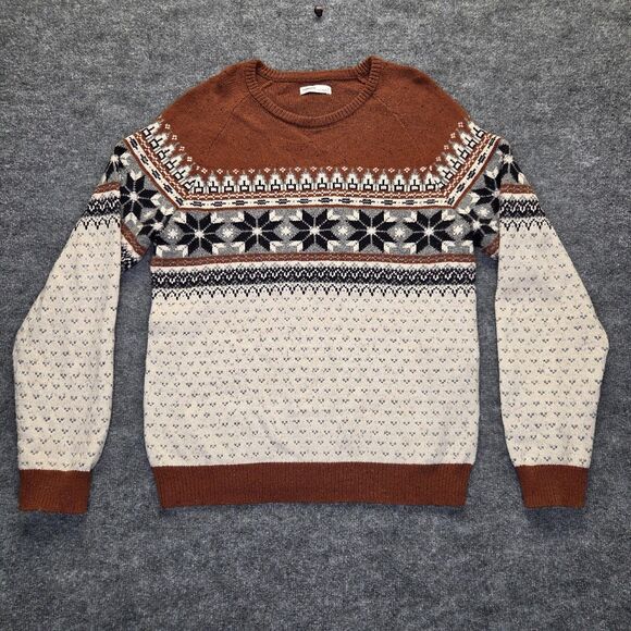 Sonoma Goods For Life Sweater Mens Medium Rust Cream Fair Isle Crewneck Nordic - Picture 1 of 7